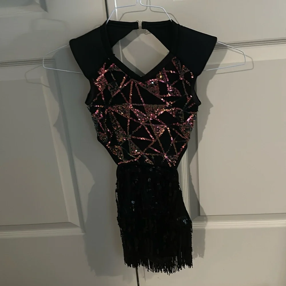 Weissman Sueltate Black Dance Costume with Pink Sequin Geometric Accents